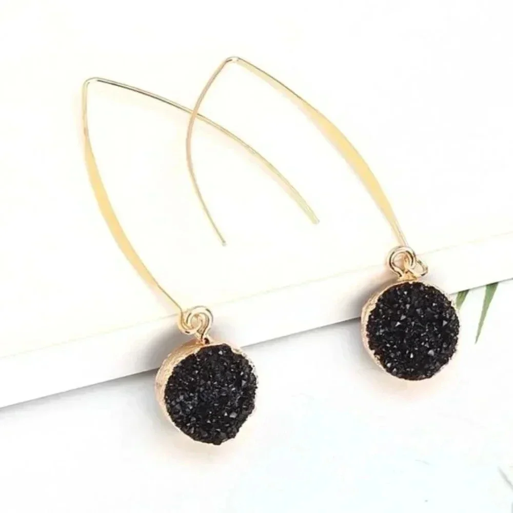 Druzy Charm Long Gold Marquise Earrings Black